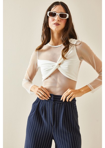 Beyaz Bisiklet Yaka Düğümlü Transparan Bluz 5YXK2-48368-01 fiyatları