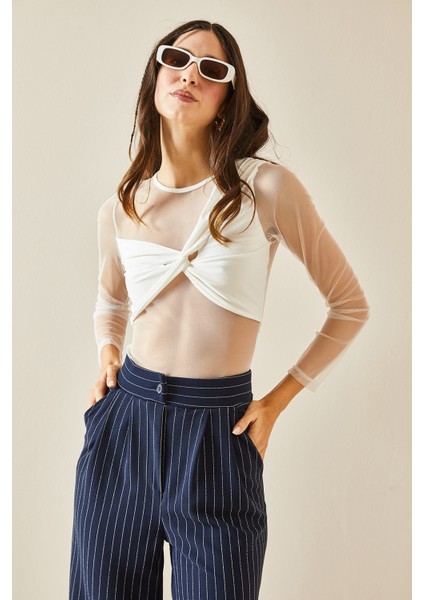 Beyaz Bisiklet Yaka Düğümlü Transparan Bluz 5YXK2-48368-01 modelleri