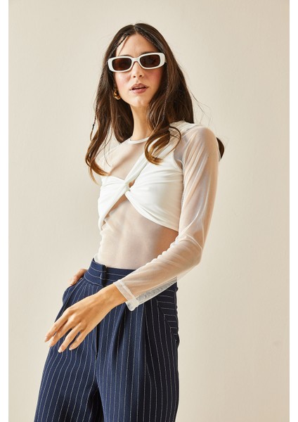 Beyaz Bisiklet Yaka Düğümlü Transparan Bluz 5YXK2-48368-01 fırsatları