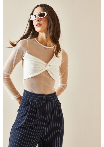 Beyaz Bisiklet Yaka Düğümlü Transparan Bluz 5YXK2-48368-01 indirimleri