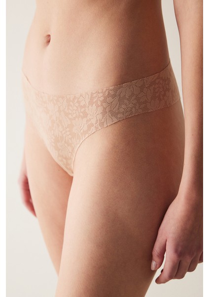 #izbırakmaz Invisible Laser Cut Lacy Dantel Bej Brazilian Külot