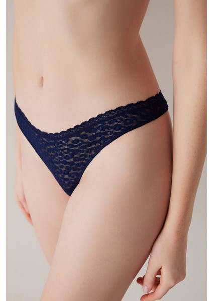 Easy Lace Dantel V Kesim Lacivert Tanga Külot