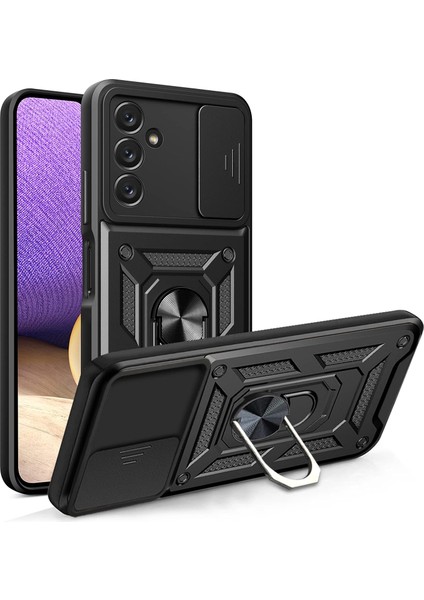 Samsung Galaxy A25 Kılıf Ultra Korumalı Yüzüklü Manyetik Kamera Korumalı Sürgülü Vega Kapak Siyah