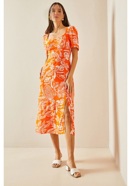 Turuncu U Yaka Çiçek Desenli Elbise 5Yxk6-48398-11