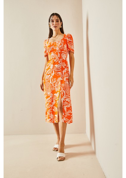 Turuncu U Yaka Çiçek Desenli Elbise 5Yxk6-48398-11 fiyatları