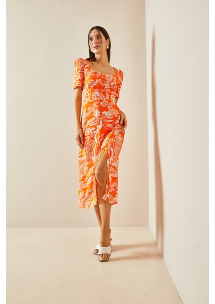Turuncu U Yaka Çiçek Desenli Elbise 5Yxk6-48398-11 modelleri