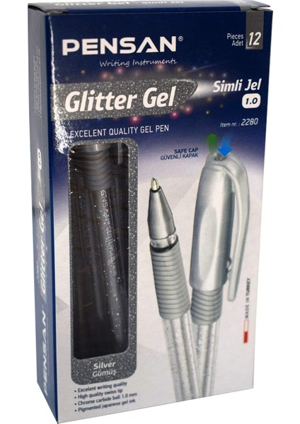 Pensan Glitter Simli Jel Kalem 1 mm Gümüş 12 Li