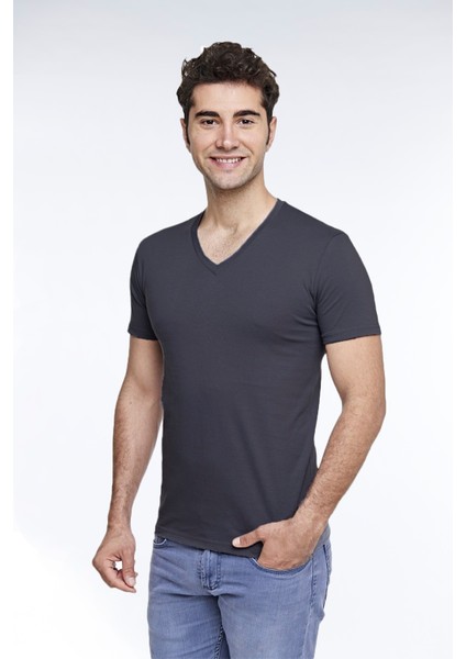 Erkek Pamuk V-Yaka Kısa Kollu Renkli Tişört 422