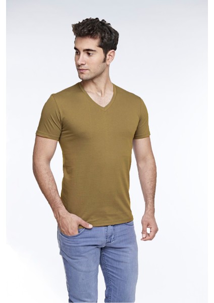Erkek Pamuk V-Yaka Kısa Kollu Renkli Tişört Olive Branch 422