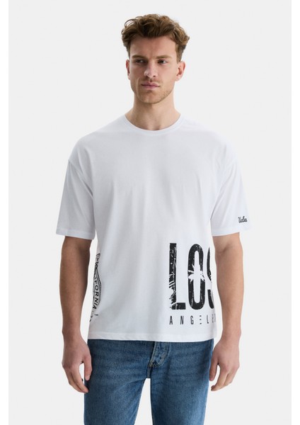 Ignıso Beyaz Bisiklet Yaka Baskılı Oversize Erkek Tshirt