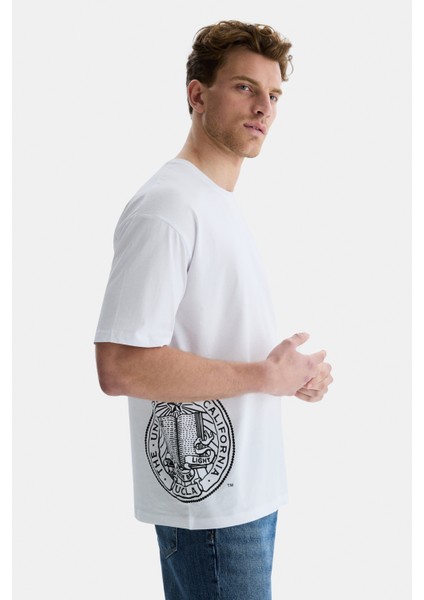 Ignıso Beyaz Bisiklet Yaka Baskılı Oversize Erkek Tshirt fiyatları