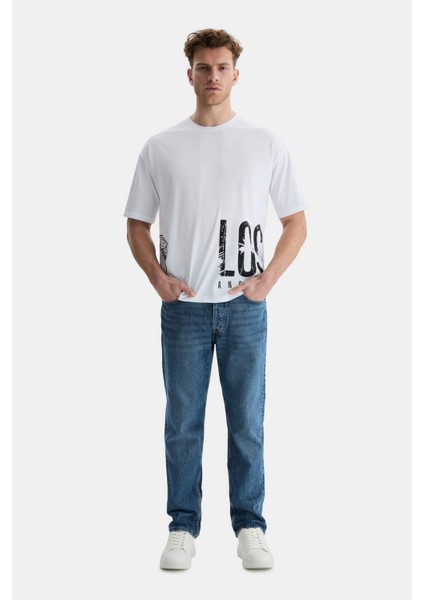 Ignıso Beyaz Bisiklet Yaka Baskılı Oversize Erkek Tshirt modelleri