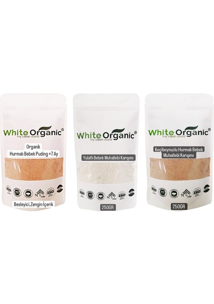 White Organic  Bebek Muhallebi Puding Seti (Hurmalı-Keçiboynuzlu-Yulaflı) 6-7-8-9 Ay Şeker Ilavesiz