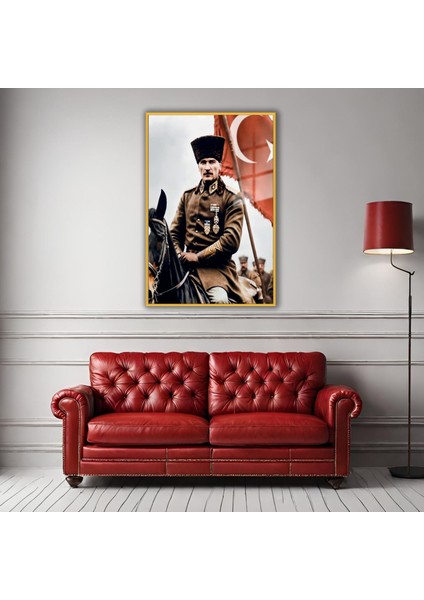 Metal Çerçeveli Temperli Cam Tablo Üniformalı Atatürk Görseli
