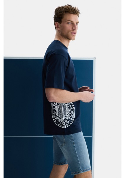 Ignıso Lacivert Bisiklet Yaka Baskılı Oversize Erkek Tshirt