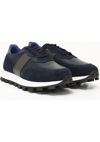 Erkek Lacivert Bağcıklı Hakiki Deri Comfort Sneaker