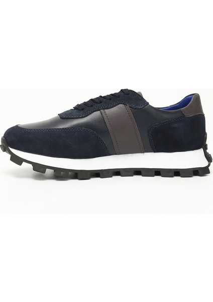 Erkek Lacivert Bağcıklı Hakiki Deri Comfort Sneaker