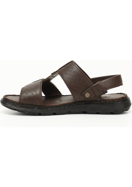 Erkek Kahverengi Hakiki Deri Comfort Sandalet