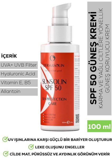 Sunsolın SPF50 Spf 50 Yüksek Koruma, Uzun Süre Nem, Yaşlanma ve Leke Karıştı Spf 50 Güneş Kremi 100 ml