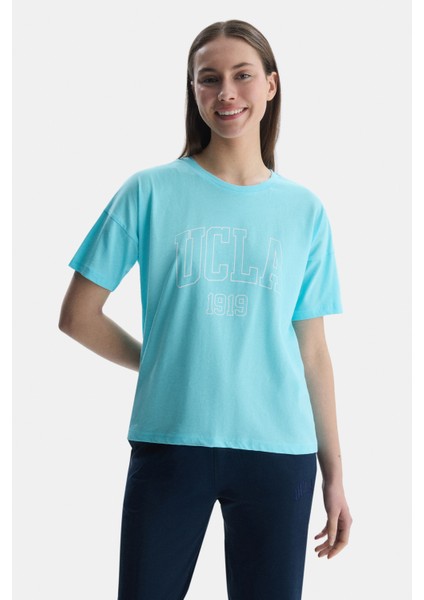 Sanchez Mavi Bisiklet Yaka Baskılı Standard Fit Kadın Tshirt