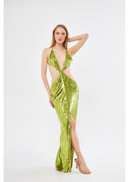 Olivia Yeşil Payetli Cut Out Yırtmaçlı Kadın Abiye Elbise fırsatları