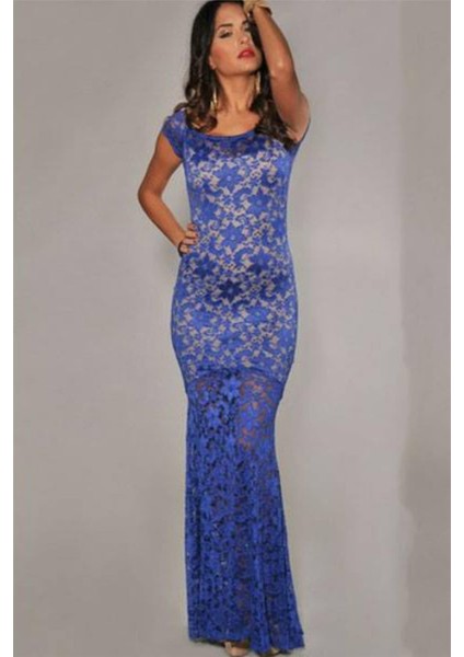Saks Mavi Dantelli Ten Rengi Astarlı Maksi Elbise