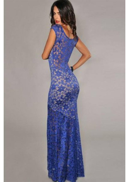 Saks Mavi Dantelli Ten Rengi Astarlı Maksi Elbise fiyatları