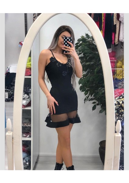 Transparan Detaylı Güpürlü Askılı Mini Elbise fiyatları
