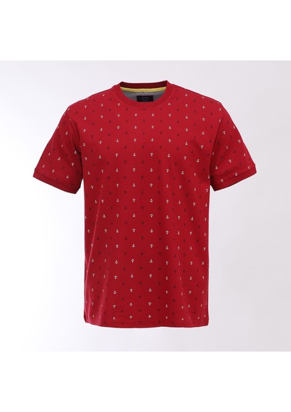 Erkek Kısa Kol Bisiklet Yaka Desenli T-Shirt - Czt-172 - Kırmızı