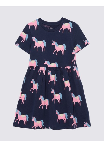 Saf Pamuklu Unicorn Desenli Kısa Kollu Elbise (2-7 Yaş)
