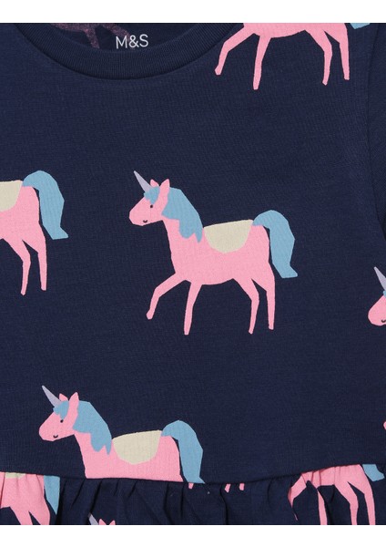 Saf Pamuklu Unicorn Desenli Kısa Kollu Elbise (2-7 Yaş) fiyatları