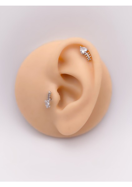 Cerrahi Çelik Piercing Kalpli Zirkon Taşlı Balık Kılçığı Figürlü Kıkırdak Helix Tragus PIERCING(1ADET)