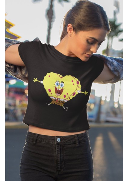 Kalpli Sünger Bob Baskılı Crop Top, Kadın Sponge Bob Baskılı Crop Bluz