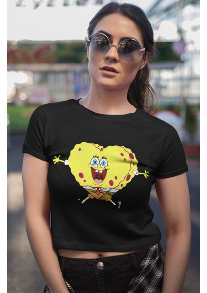 Kalpli Sünger Bob Baskılı Crop Top, Kadın Sponge Bob Baskılı Crop Bluz