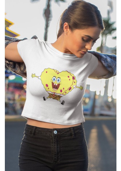 Kalpli Sünger Bob Baskılı Crop Top, Kadın Sponge Bob Baskılı Crop Bluz