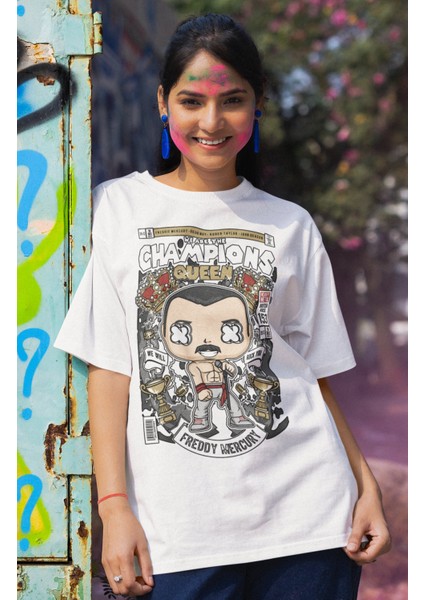 Champions Queen Yazılı Tshirt Unisex Rock Grubu Queen Baskılı T-Shirt