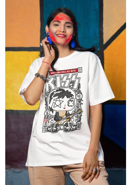 Kiss Yazılı Tshirt Unisex Mini Rock Grubu Kiss Baskılı T-Shirt
