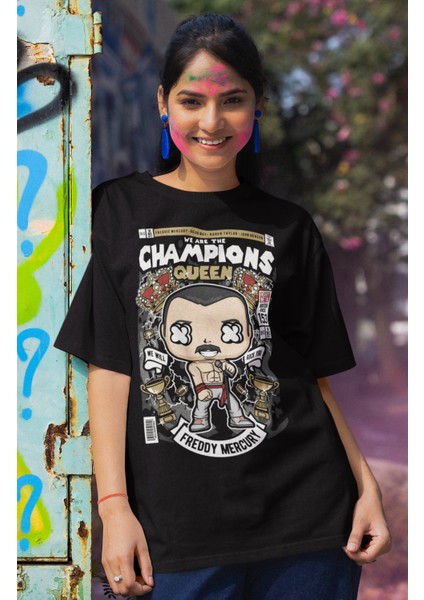 Champions Queen Yazılı Tshirt Unisex Rock Grubu Queen Baskılı T-Shirt