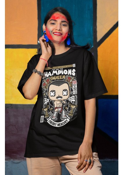 Champions Queen Yazılı Tshirt Unisex Rock Grubu Queen Baskılı T-Shirt fiyatları