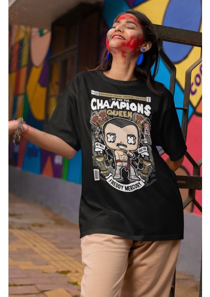 Champions Queen Yazılı Tshirt Unisex Rock Grubu Queen Baskılı T-Shirt modelleri