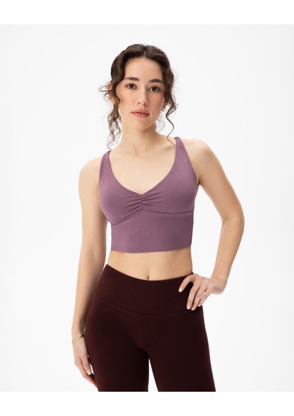 Li̇la EcoVero Viskoz, Ayarlanabilir Çapraz Askılı, Göğüs Pedli, V Yaka, Ön Büzgülü Askılı Büstiyer