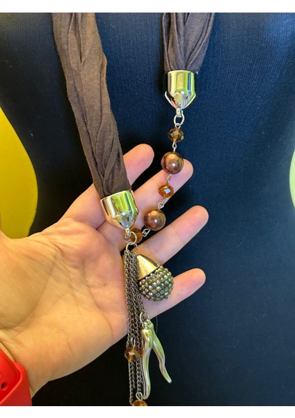Taş Boncuk Uçlu Kadın Penye Fular Kolye Fular 37 cm