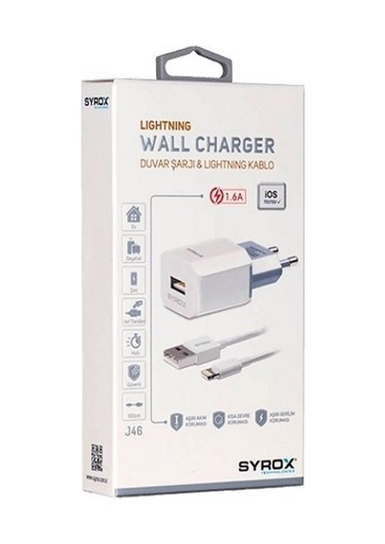 Umut Bilişim Teknolojileri - Syrox 1.6A Lightning iPhone Uyumlu Seyahat Şarj & Data Seti J46