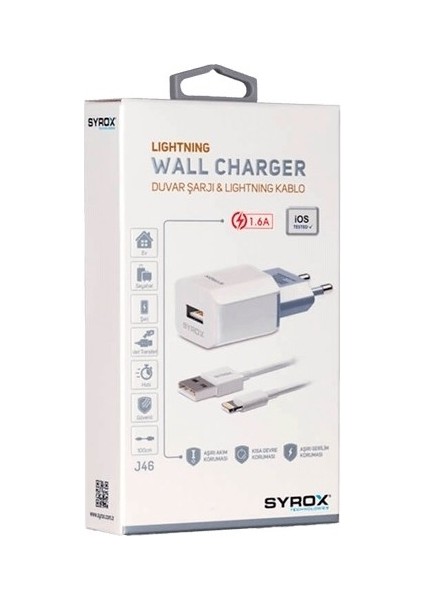 Umut Bilişim Teknolojileri - IPHONE iPhone Lightning Girişli Modellere Yumlu 1.6A Hızlı Şarj Cihazı Syrox J46