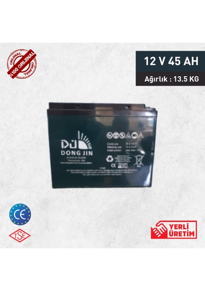 12 Volt 45 Amperjel Akü 13.5 kg 2024 Üretimi Tse Belgeli
