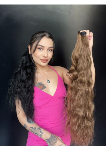 Afro Dalgalı Tak Çık At Kuyruğu Uzun-Doğal Görünümlü Kumral