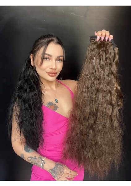 Afro Dalgalı Tak Çık At Kuyruğu Uzun-Doğal Görünümlü Koyu Kumral fiyatları