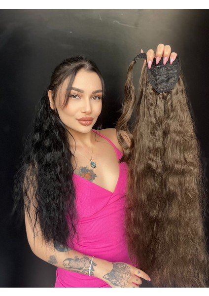 Afro Dalgalı Tak Çık At Kuyruğu Uzun-Doğal Görünümlü Koyu Kumral modelleri