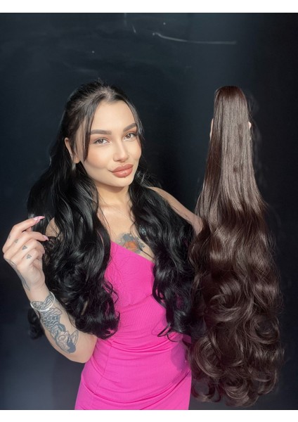 80 cm Ekstra Uzun At Kuyruğu Tokalı Postiş Sıcak Kahve