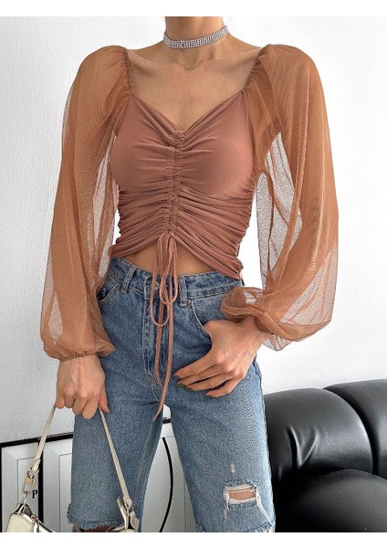 Tül Kol Ön Büzgü Detaylı Kadın Bluz fiyatları